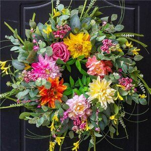 Spring Summer Wreaths for Front Door, Floral Door Wreath with Peony Dahlia Rose